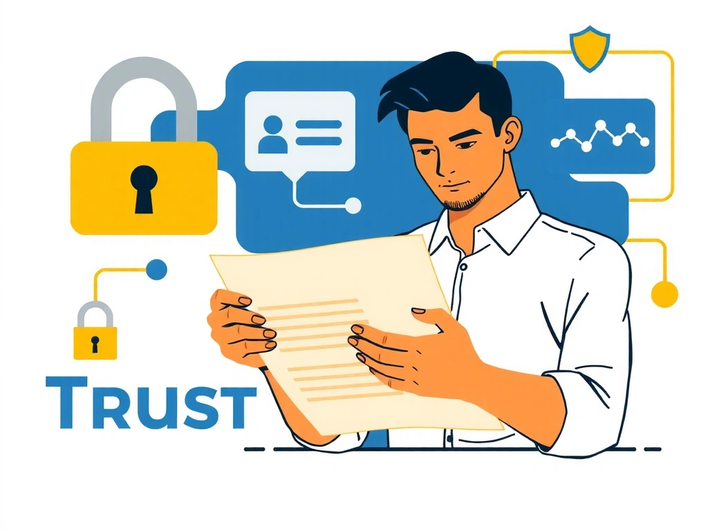 Ilustración de una persona leyendo un documento legal con iconos de seguridad y privacidad.