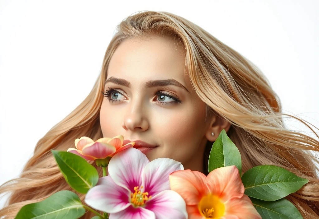 Una cara resplandeciente con cabello brillante y elementos naturales, simbolizando belleza natural